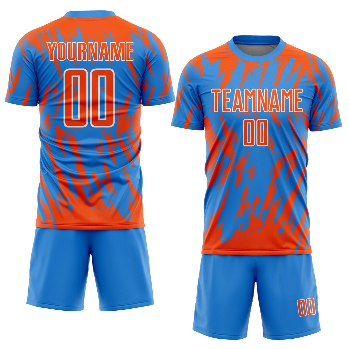 Custom Powder Blue Orange-White Splatter Torn Sharp Brush Stroke Sublimation Soccer Uniform Jersey view 2