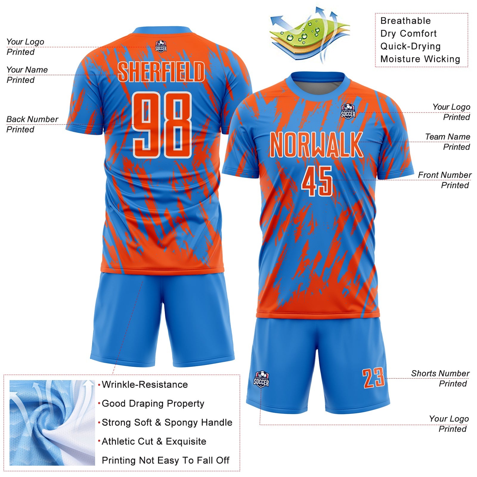 Custom Powder Blue Orange-White Splatter Torn Sharp Brush Stroke Sublimation Soccer Uniform Jersey view 4