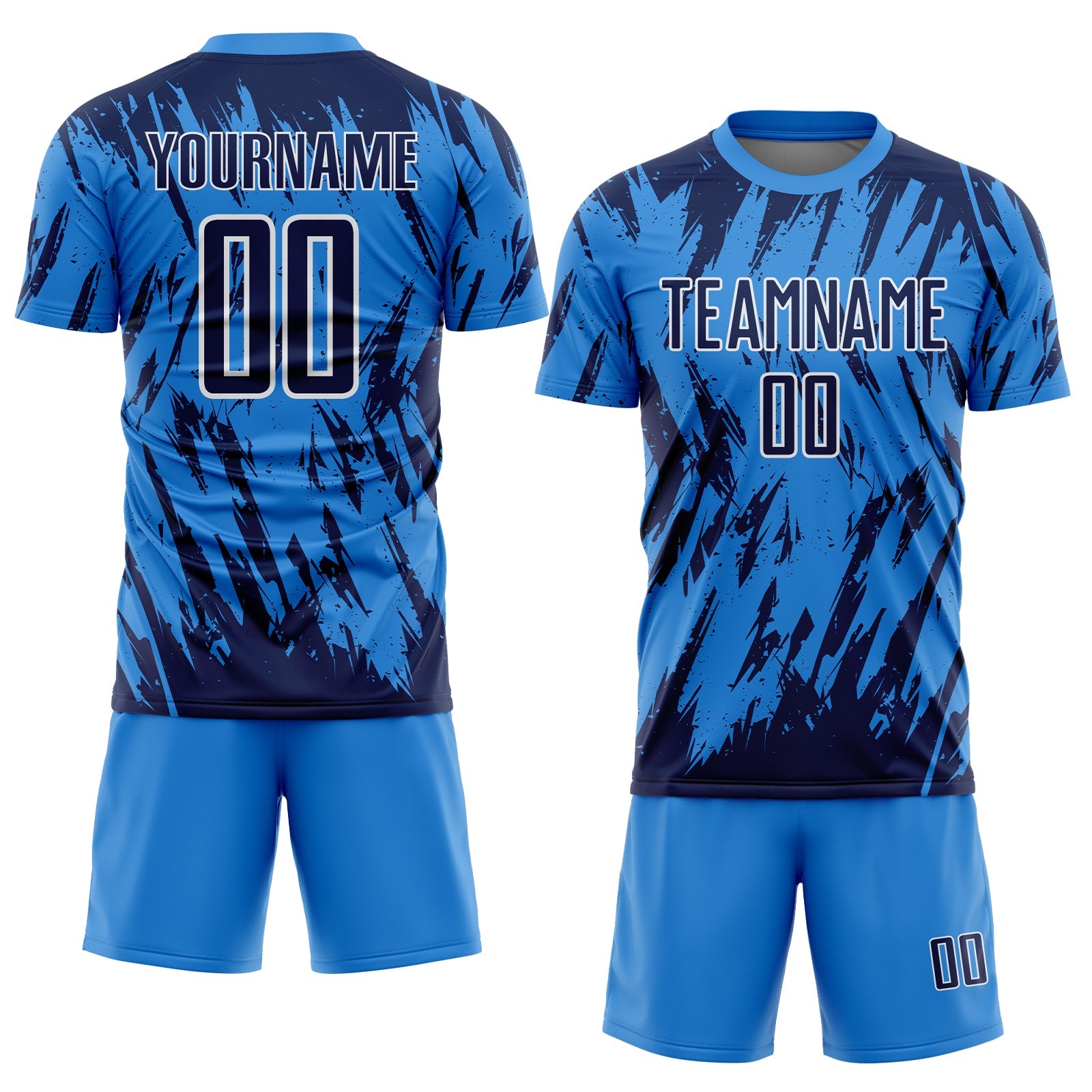 Custom Powder Blue Navy-White Splatter Torn Sharp Brush Stroke Sublimation Soccer Uniform Jersey view 2