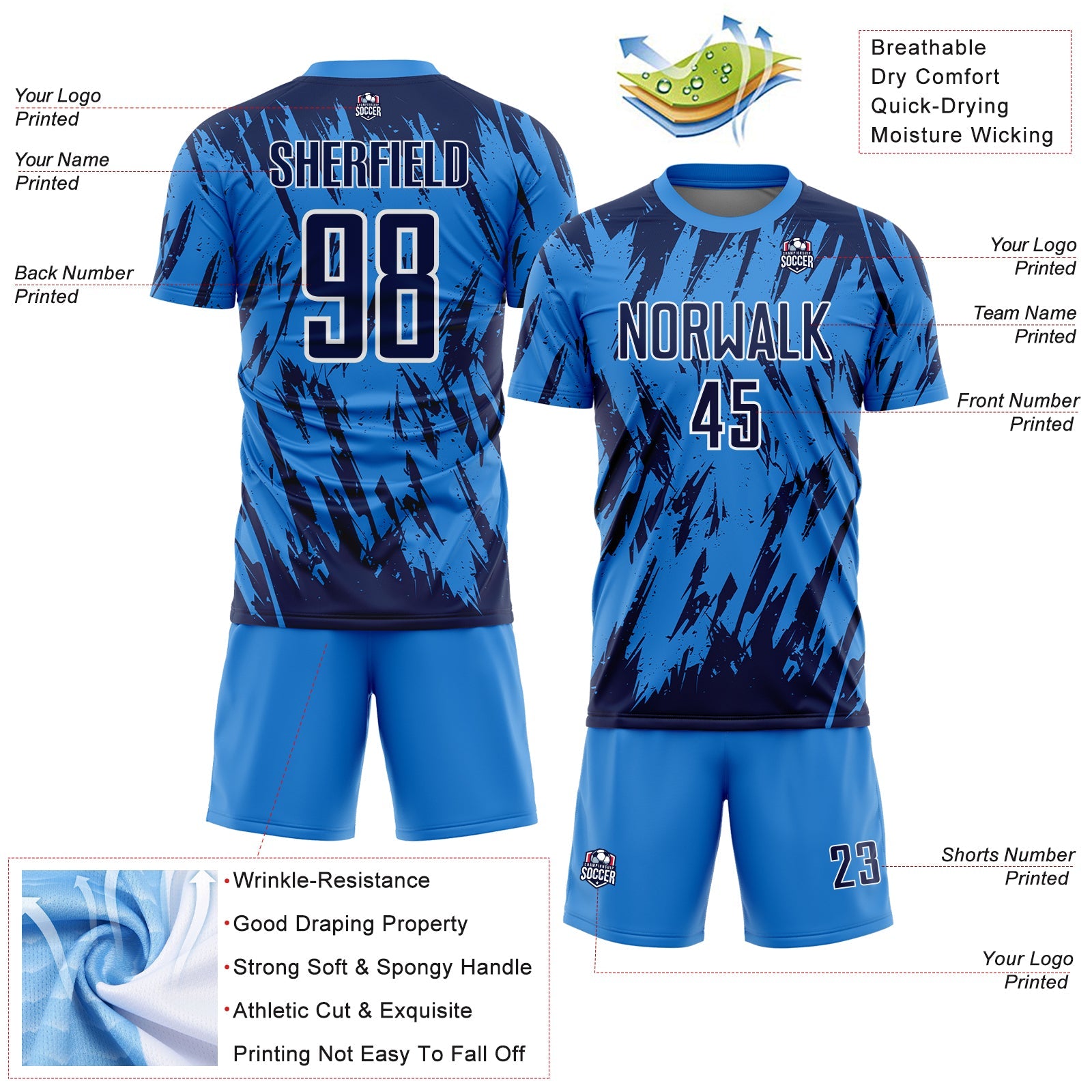 Custom Powder Blue Navy-White Splatter Torn Sharp Brush Stroke Sublimation Soccer Uniform Jersey view 4