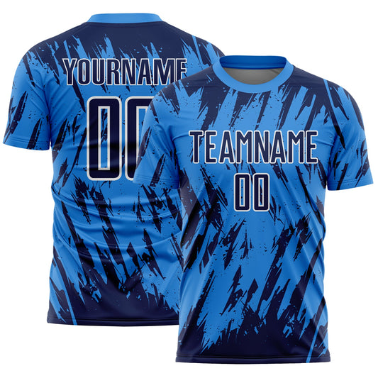 Custom Powder Blue Navy-White Splatter Torn Sharp Brush Stroke Sublimation Soccer Uniform Jersey - Main View