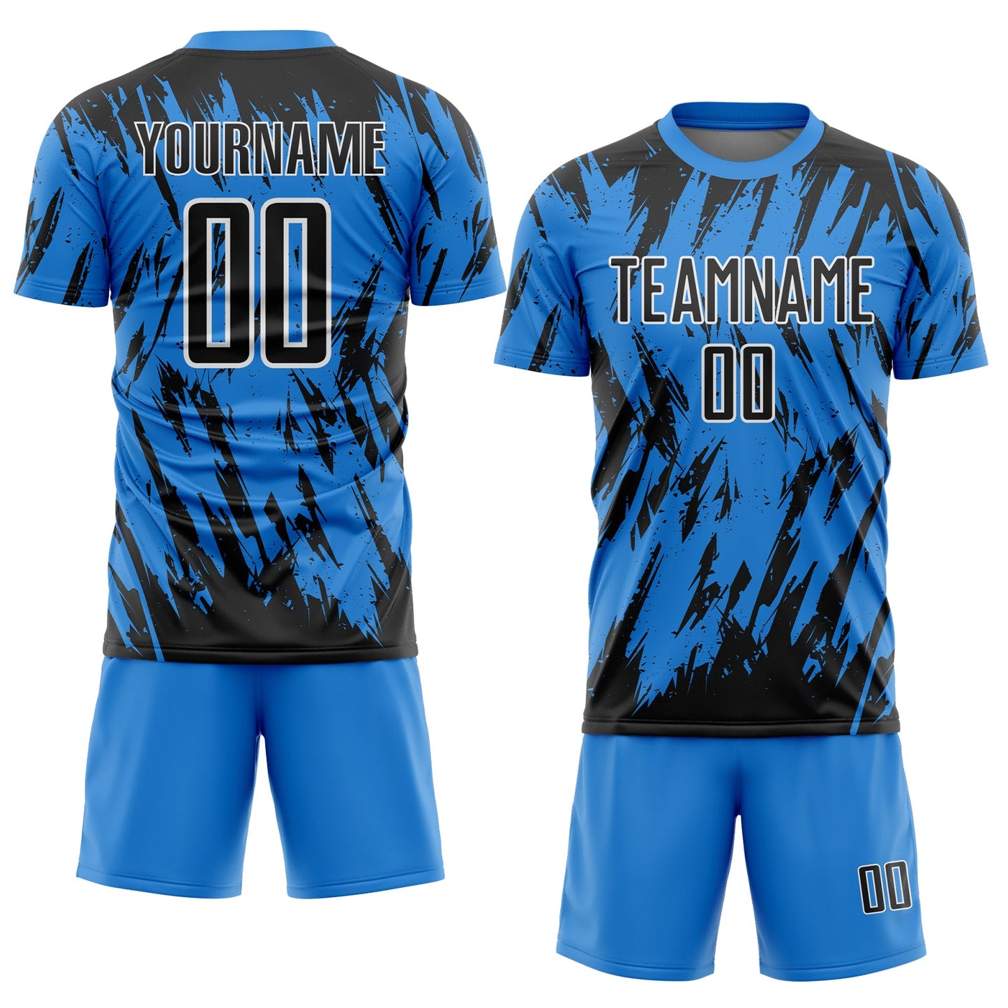 Custom Powder Blue Black-White Splatter Torn Sharp Brush Stroke Sublimation Soccer Uniform Jersey view 2
