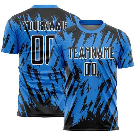 Custom Powder Blue Black-White Splatter Torn Sharp Brush Stroke Sublimation Soccer Uniform Jersey - Main View
