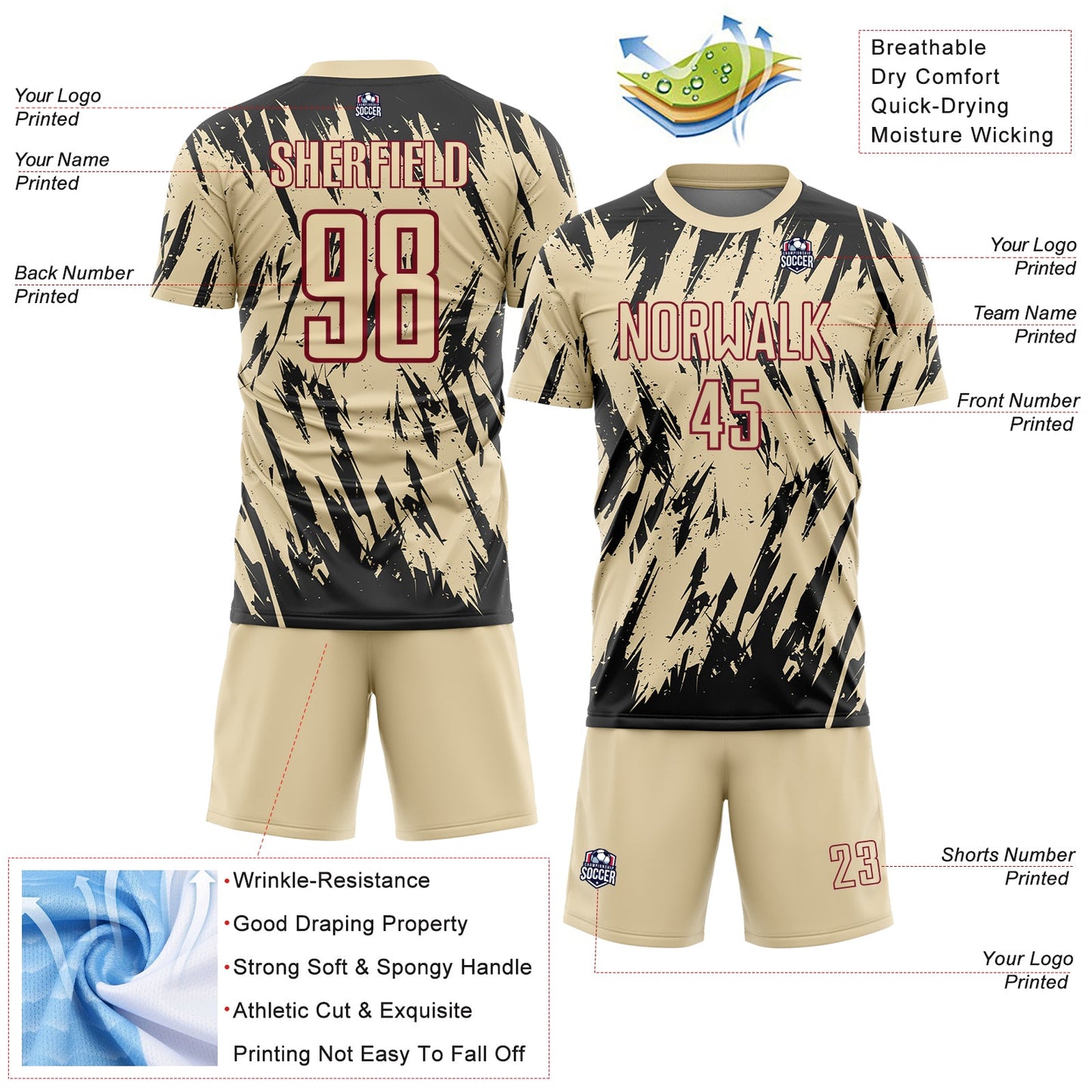 Custom Cream Black-Crimson Splatter Torn Sharp Brush Stroke Sublimation Soccer Uniform Jersey view 4