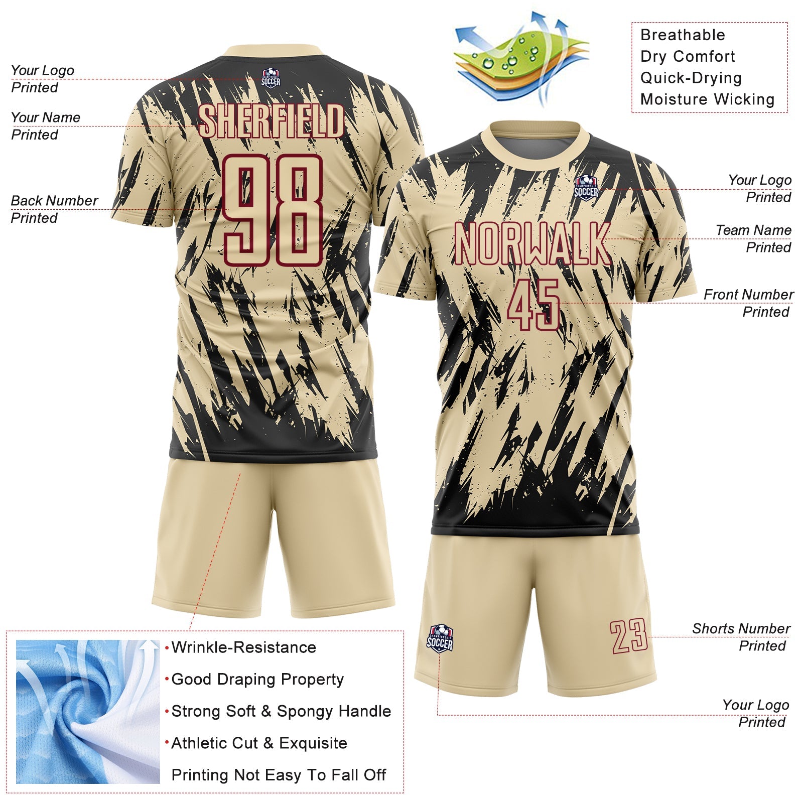 Custom Cream Black-Crimson Splatter Torn Sharp Brush Stroke Sublimation Soccer Uniform Jersey view 4