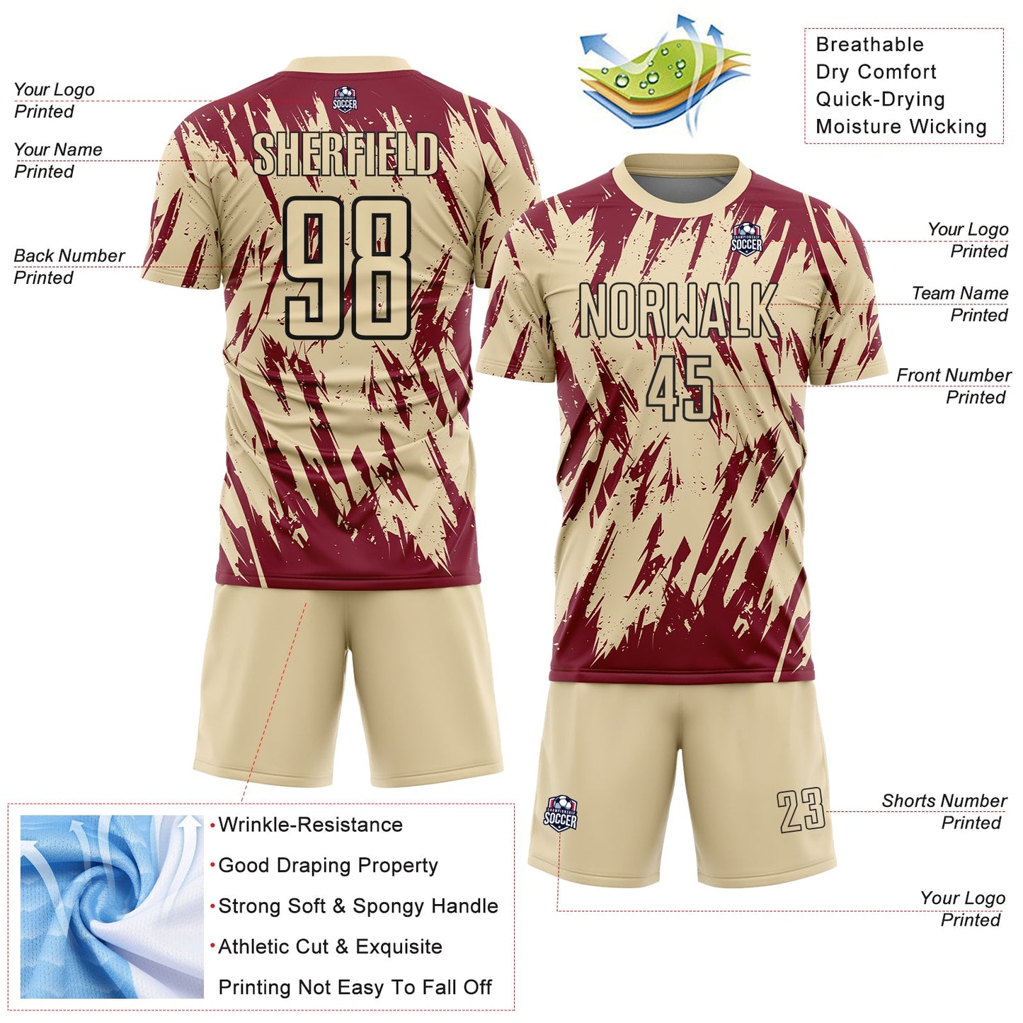 Custom Cream Crimson-Black Splatter Torn Sharp Brush Stroke Sublimation Soccer Uniform Jersey view 4