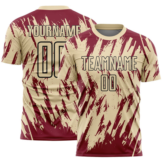 Custom Cream Crimson-Black Splatter Torn Sharp Brush Stroke Sublimation Soccer Uniform Jersey - Main View