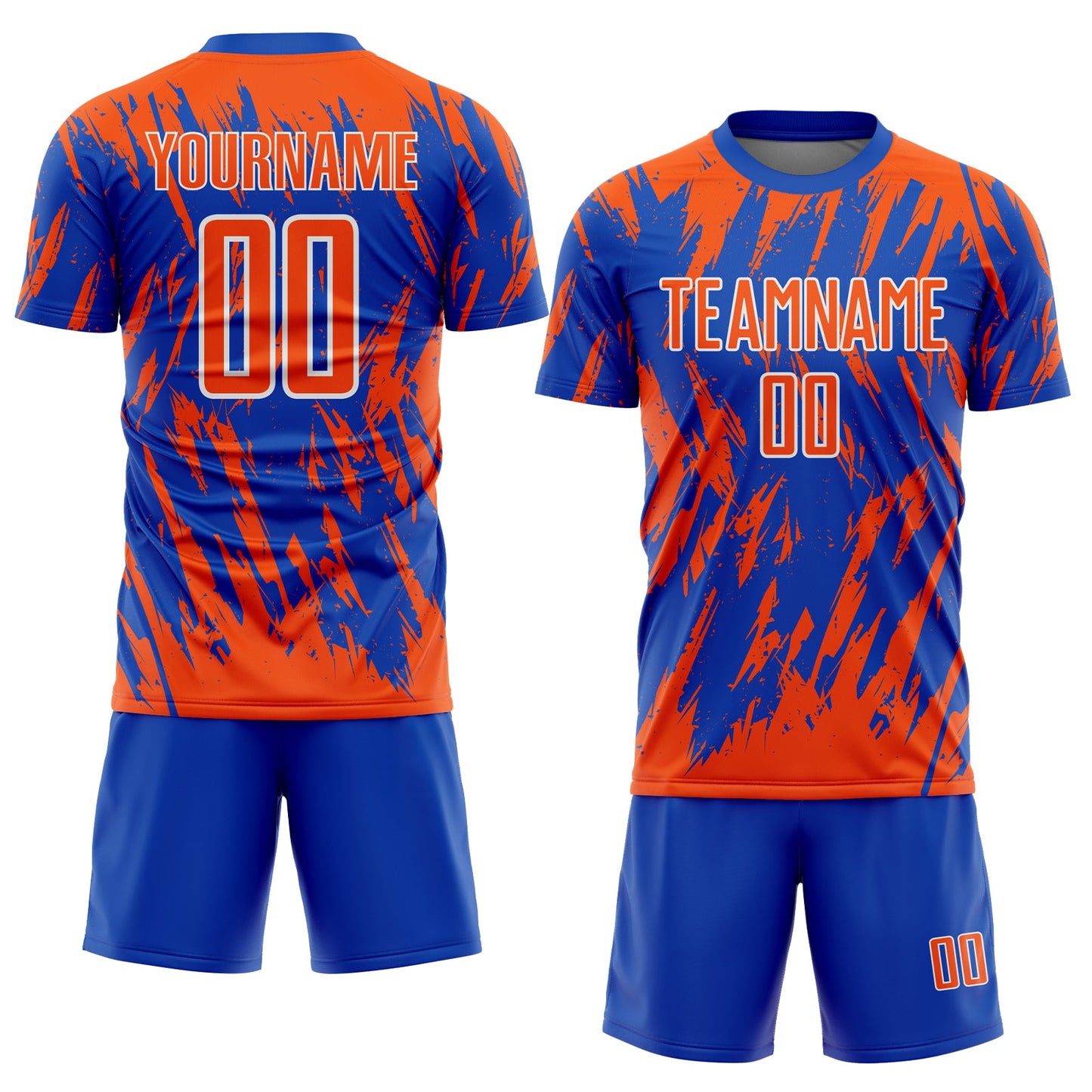 Custom Thunder Blue Orange-White Splatter Torn Sharp Brush Stroke Sublimation Soccer Uniform Jersey view 2