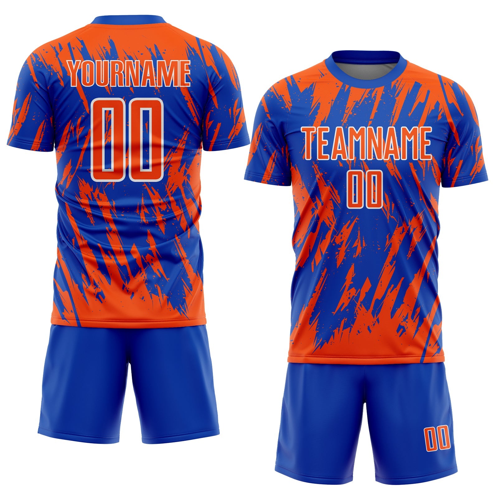 Custom Thunder Blue Orange-White Splatter Torn Sharp Brush Stroke Sublimation Soccer Uniform Jersey view 2