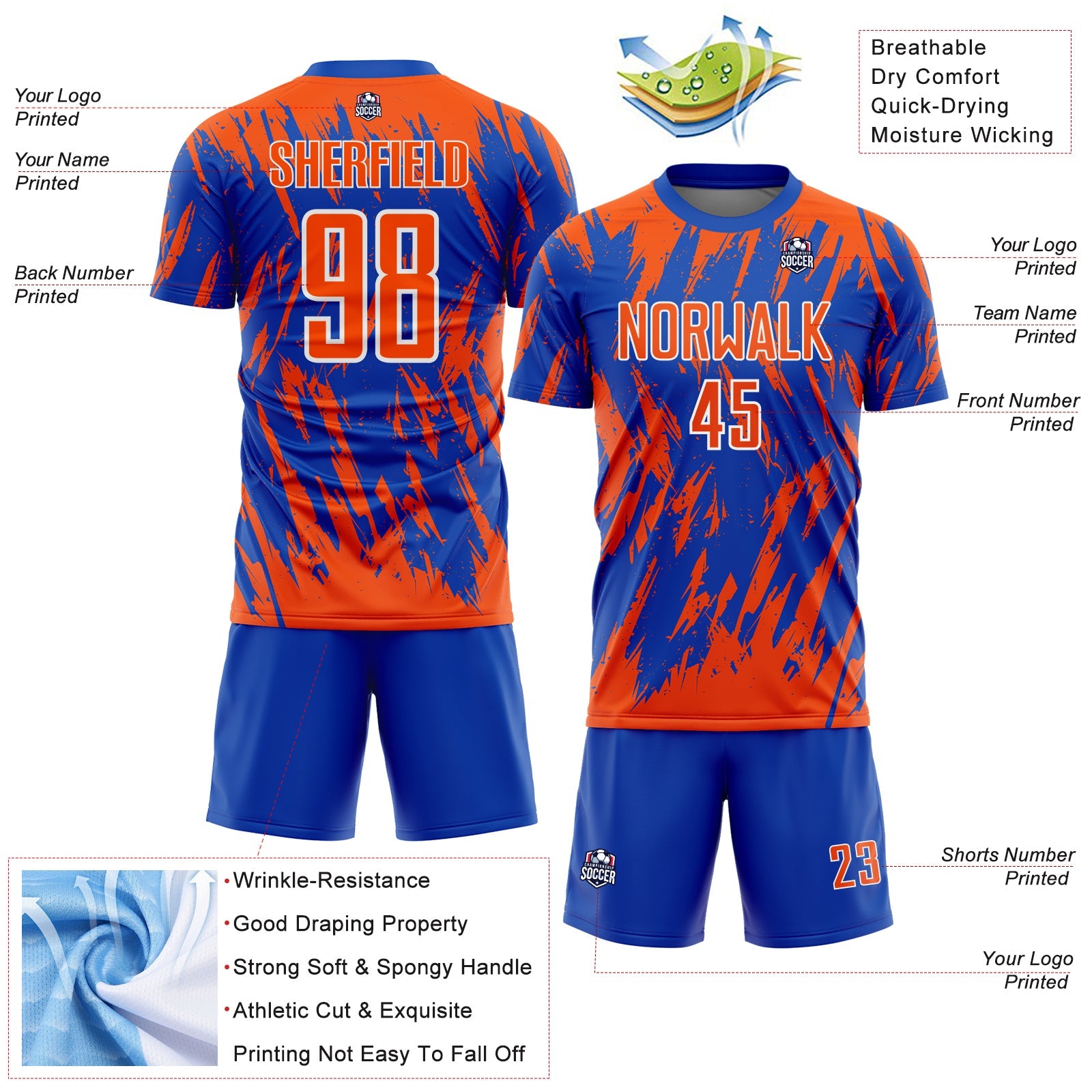 Custom Thunder Blue Orange-White Splatter Torn Sharp Brush Stroke Sublimation Soccer Uniform Jersey view 4