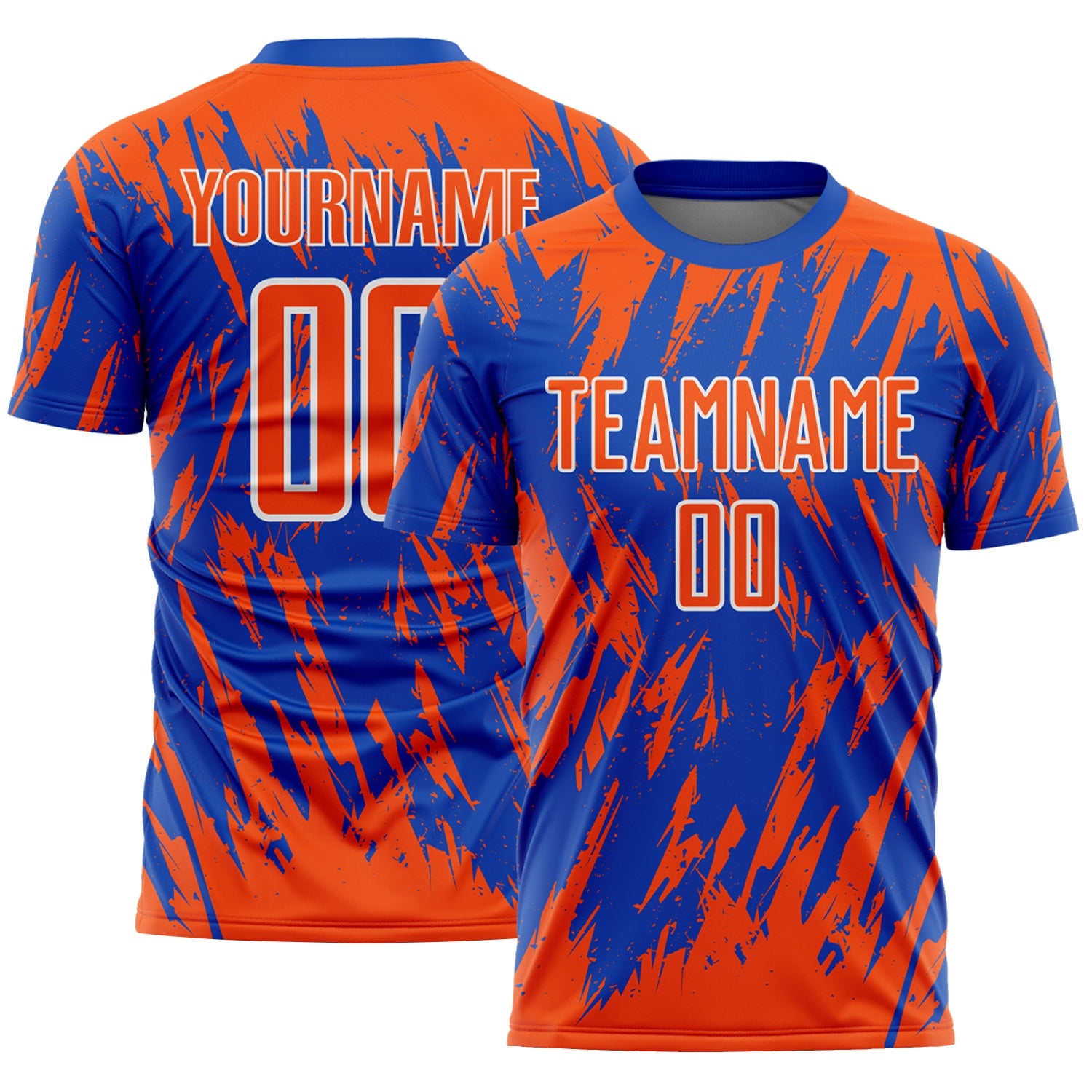 Custom Thunder Blue Orange-White Splatter Torn Sharp Brush Stroke Sublimation Soccer Uniform Jersey - Main View