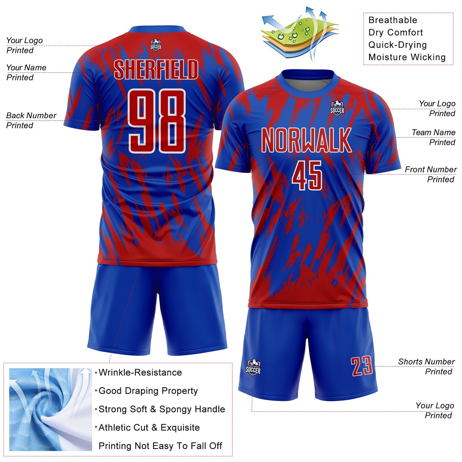 Custom Thunder Blue Red-White Splatter Torn Sharp Brush Stroke Sublimation Soccer Uniform Jersey view 4