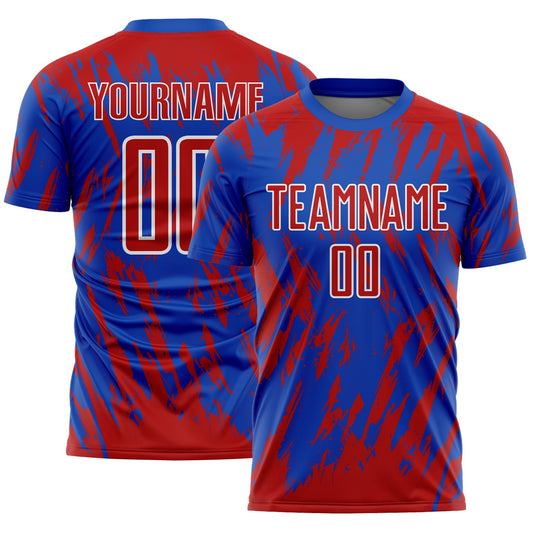 Custom Thunder Blue Red-White Splatter Torn Sharp Brush Stroke Sublimation Soccer Uniform Jersey - Main View
