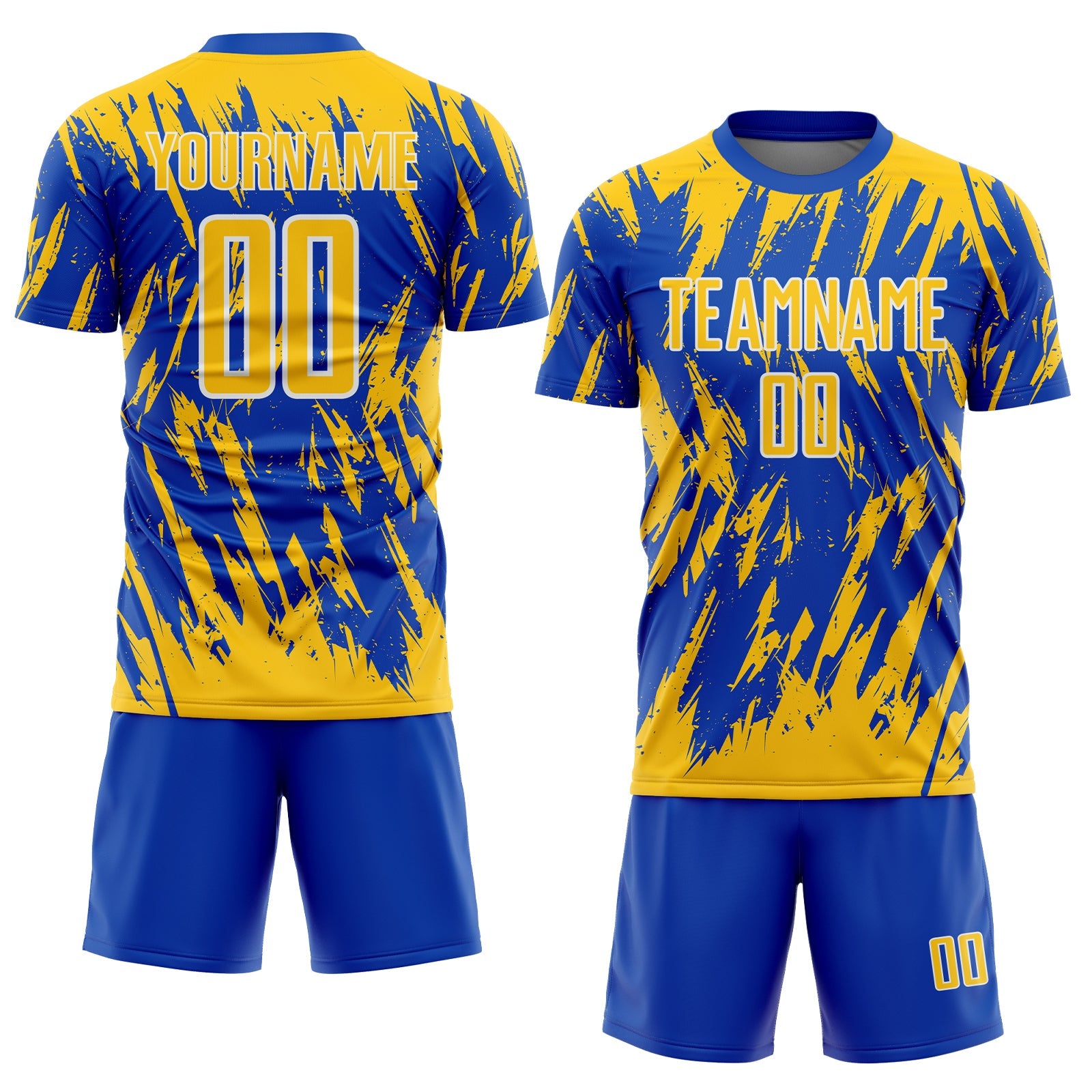 Custom Thunder Blue Yellow-White Splatter Torn Sharp Brush Stroke Sublimation Soccer Uniform Jersey view 2