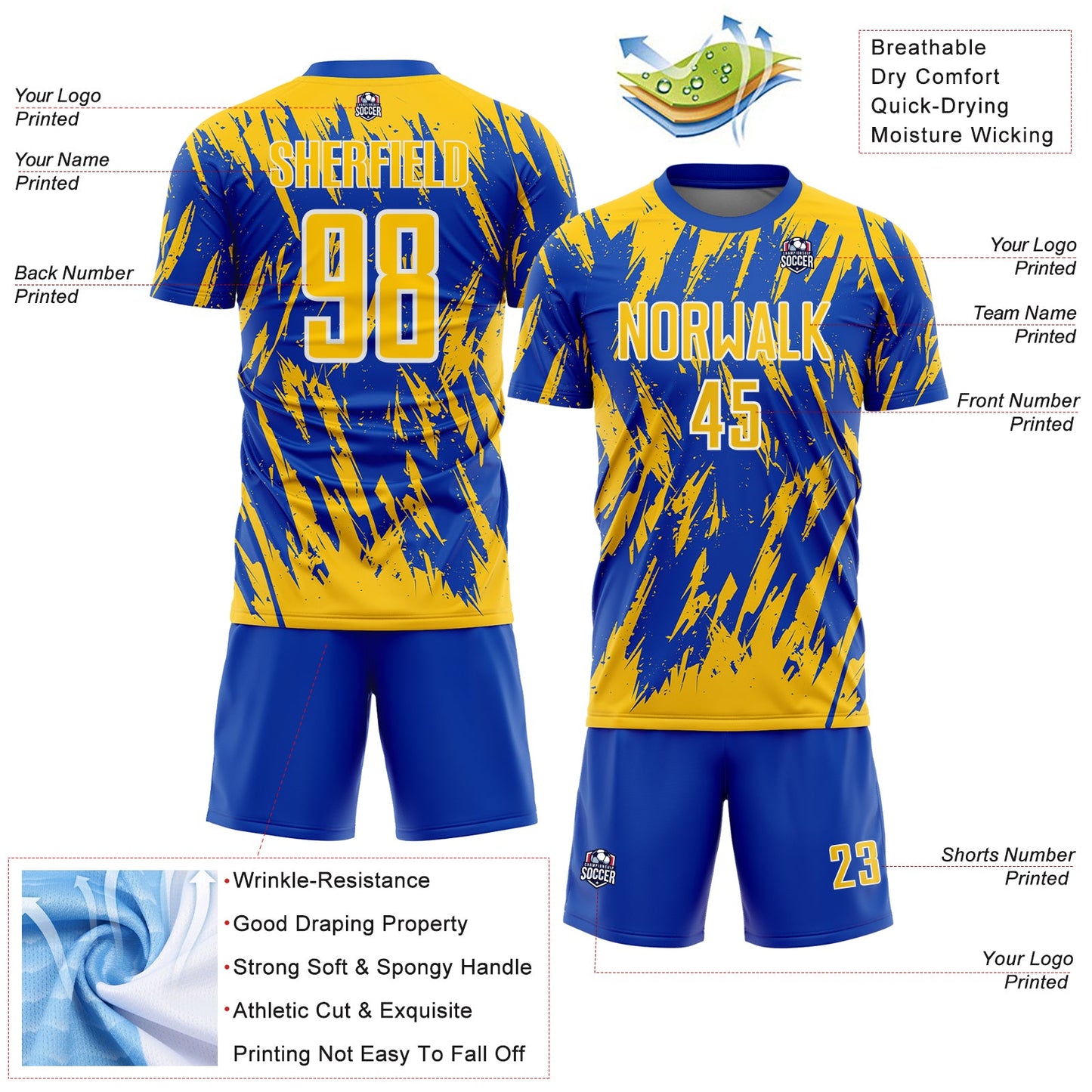 Custom Thunder Blue Yellow-White Splatter Torn Sharp Brush Stroke Sublimation Soccer Uniform Jersey view 4