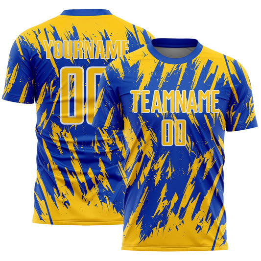 Custom Thunder Blue Yellow-White Splatter Torn Sharp Brush Stroke Sublimation Soccer Uniform Jersey - Main View