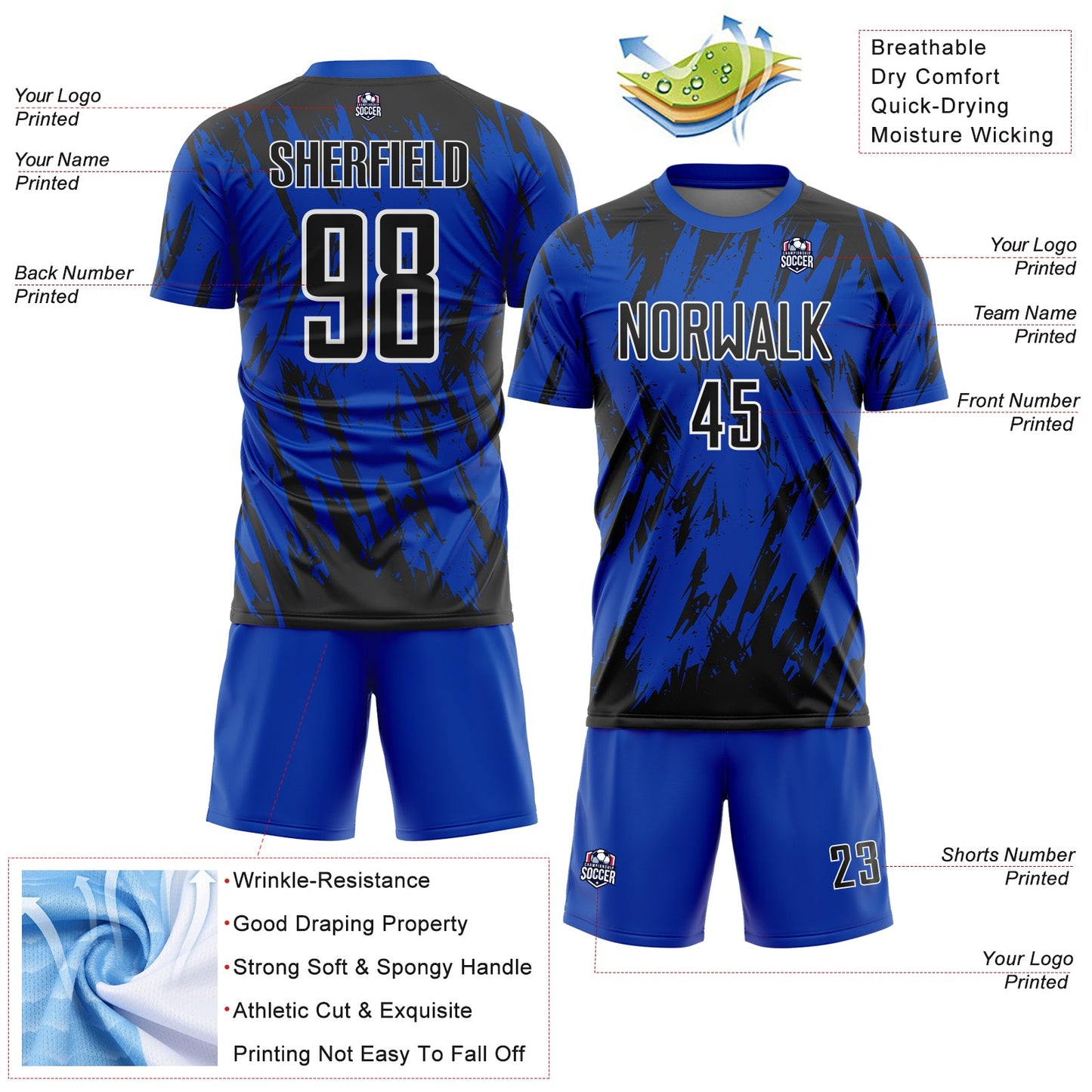 Custom Thunder Blue Black-White Splatter Torn Sharp Brush Stroke Sublimation Soccer Uniform Jersey view 4