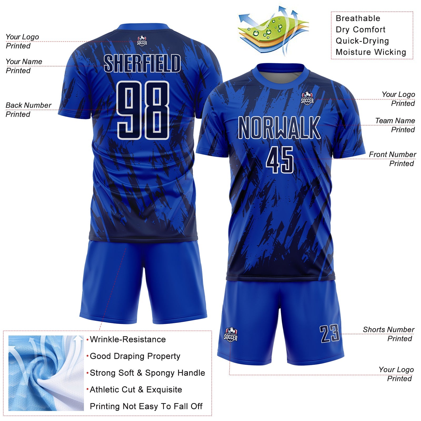Custom Thunder Blue Navy-White Splatter Torn Sharp Brush Stroke Sublimation Soccer Uniform Jersey view 4