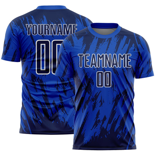 Custom Thunder Blue Navy-White Splatter Torn Sharp Brush Stroke Sublimation Soccer Uniform Jersey - Main View