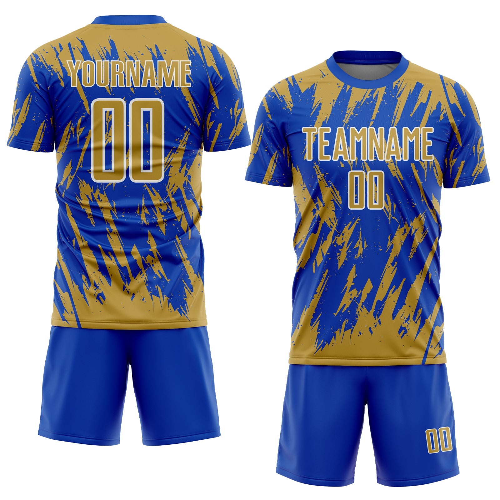 Custom Thunder Blue Old Gold-White Splatter Torn Sharp Brush Stroke Sublimation Soccer Uniform Jersey view 2