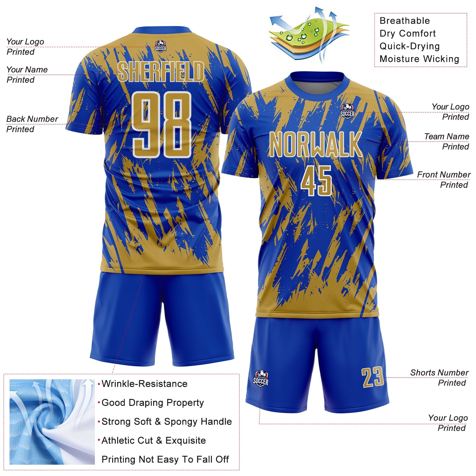 Custom Thunder Blue Old Gold-White Splatter Torn Sharp Brush Stroke Sublimation Soccer Uniform Jersey view 4