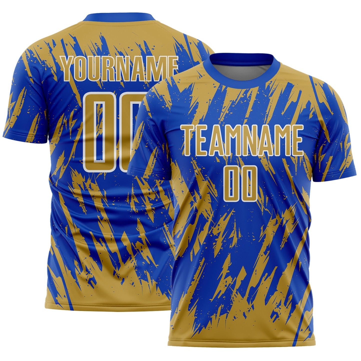 Custom Thunder Blue Old Gold-White Splatter Torn Sharp Brush Stroke Sublimation Soccer Uniform Jersey - Main View