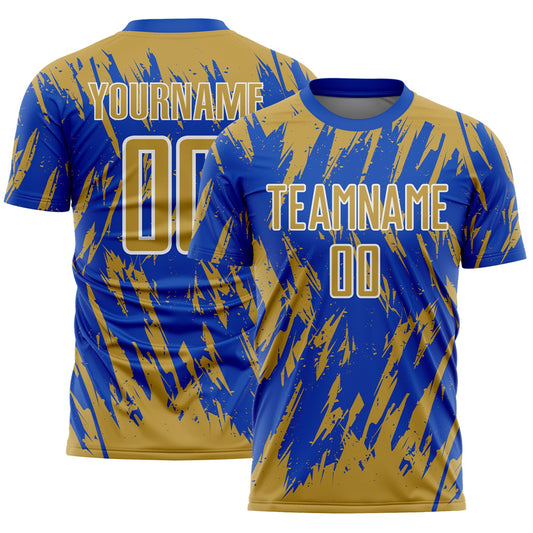 Custom Thunder Blue Old Gold-White Splatter Torn Sharp Brush Stroke Sublimation Soccer Uniform Jersey - Main View