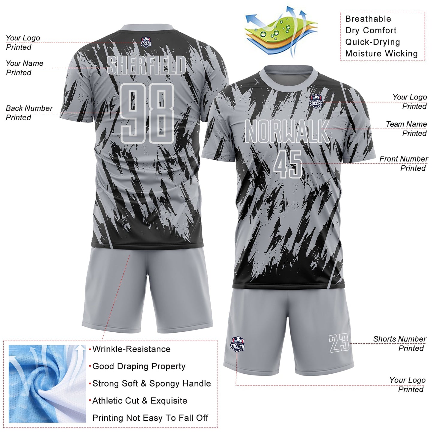 Custom Gray Black-White Splatter Torn Sharp Brush Stroke Sublimation Soccer Uniform Jersey view 4