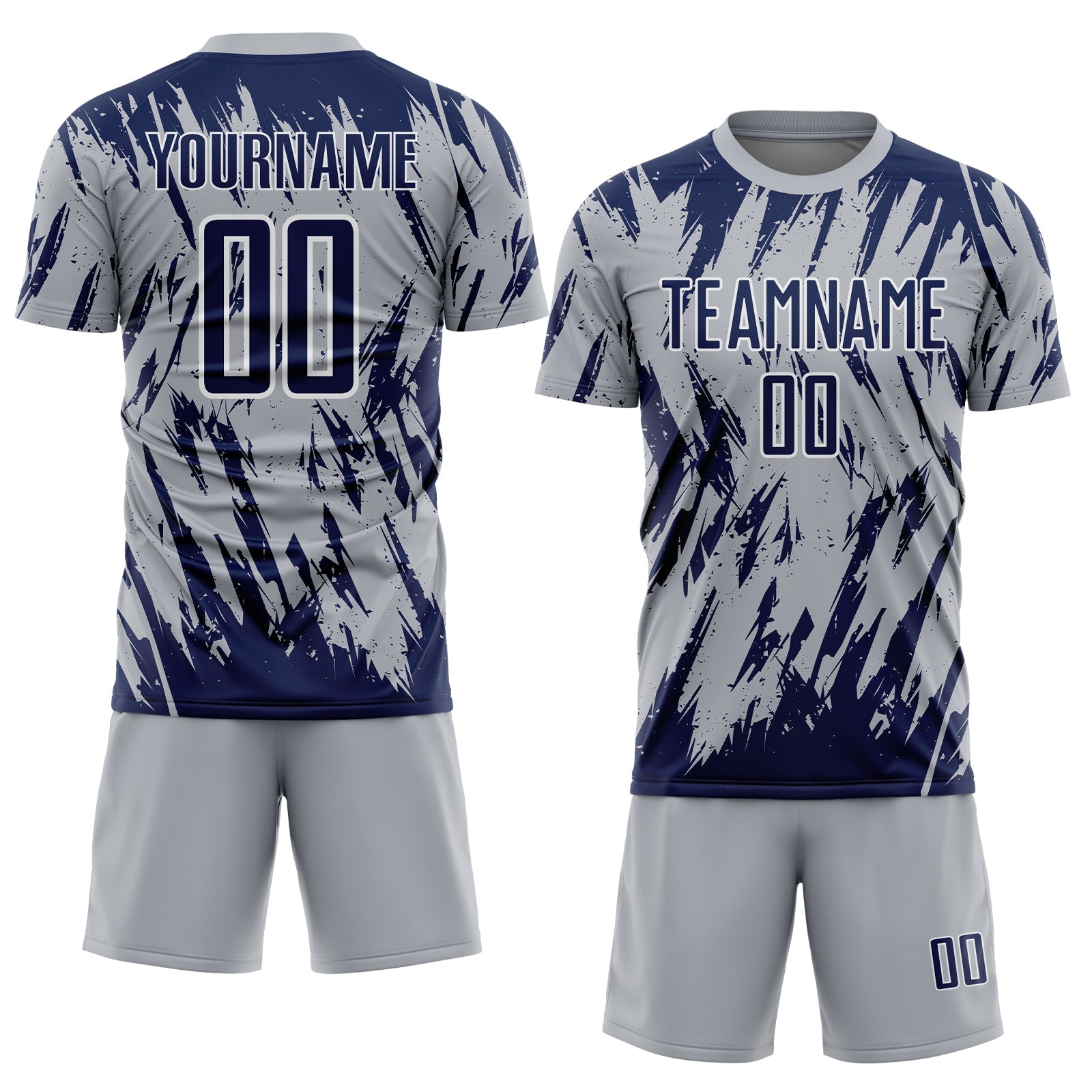 Custom Gray Navy-White Splatter Torn Sharp Brush Stroke Sublimation Soccer Uniform Jersey view 2