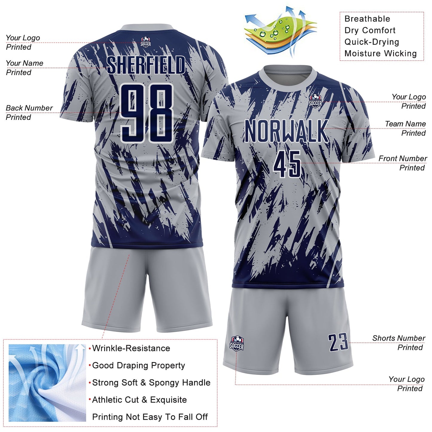 Custom Gray Navy-White Splatter Torn Sharp Brush Stroke Sublimation Soccer Uniform Jersey view 4