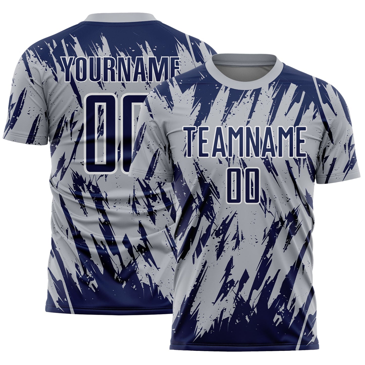 Custom Gray Navy-White Splatter Torn Sharp Brush Stroke Sublimation Soccer Uniform Jersey - Main View