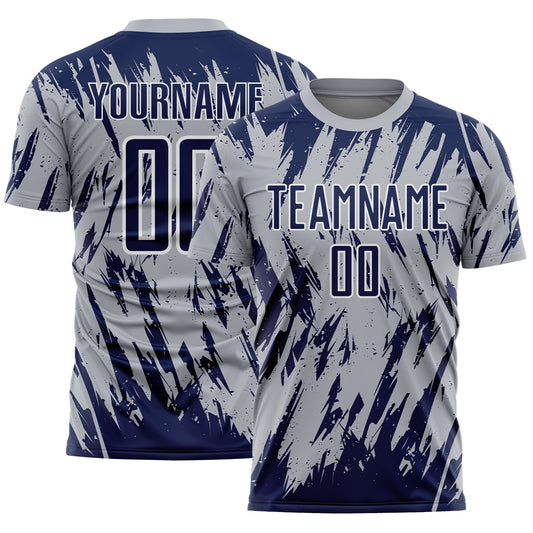 Custom Gray Navy-White Splatter Torn Sharp Brush Stroke Sublimation Soccer Uniform Jersey - Main View
