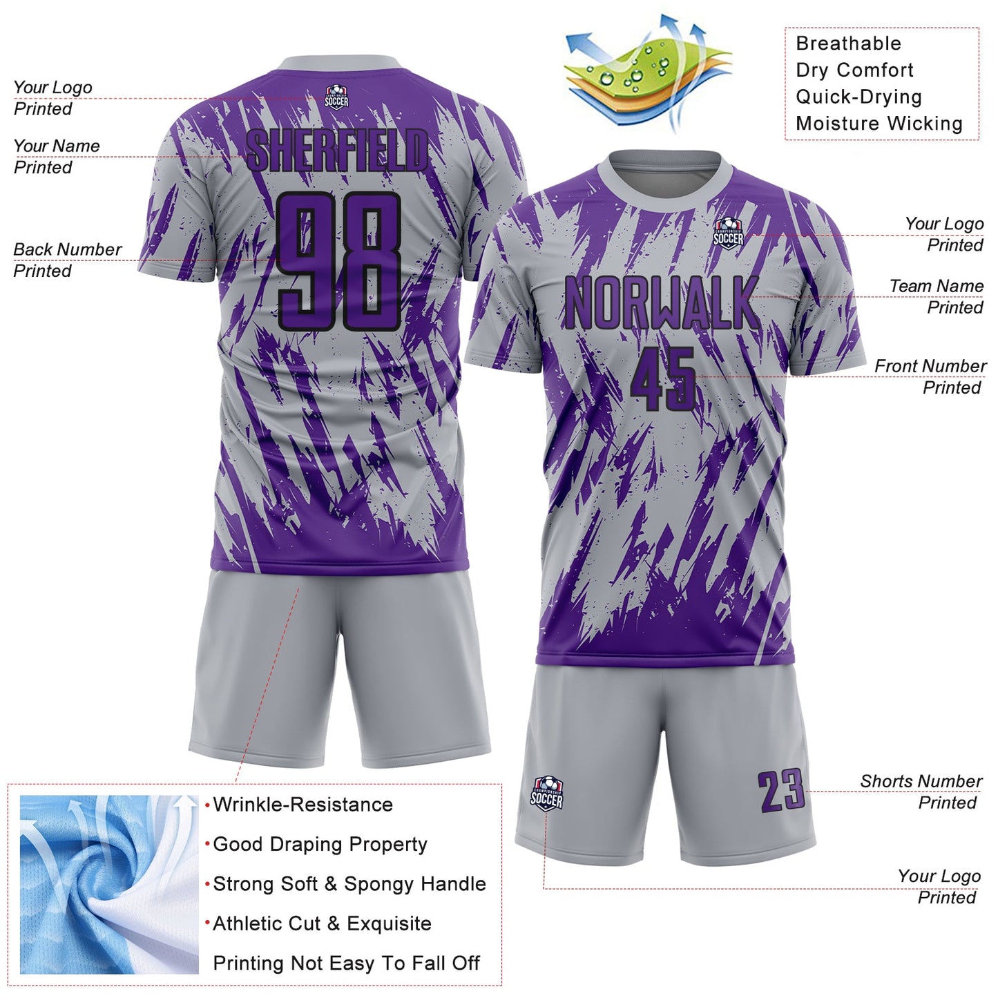 Custom Gray Purple-Black Splatter Torn Sharp Brush Stroke Sublimation Soccer Uniform Jersey view 4