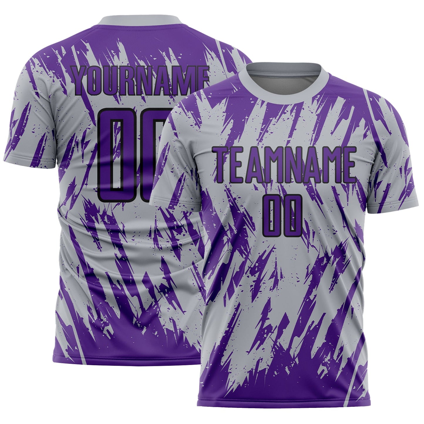 Custom Gray Purple-Black Splatter Torn Sharp Brush Stroke Sublimation Soccer Uniform Jersey - Main View