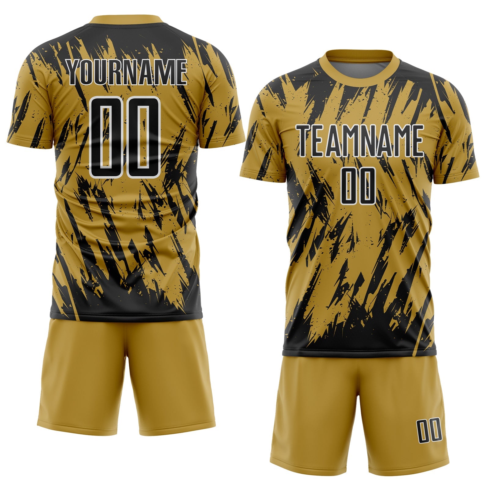 Custom Old Gold Black-White Splatter Torn Sharp Brush Stroke Sublimation Soccer Uniform Jersey view 2