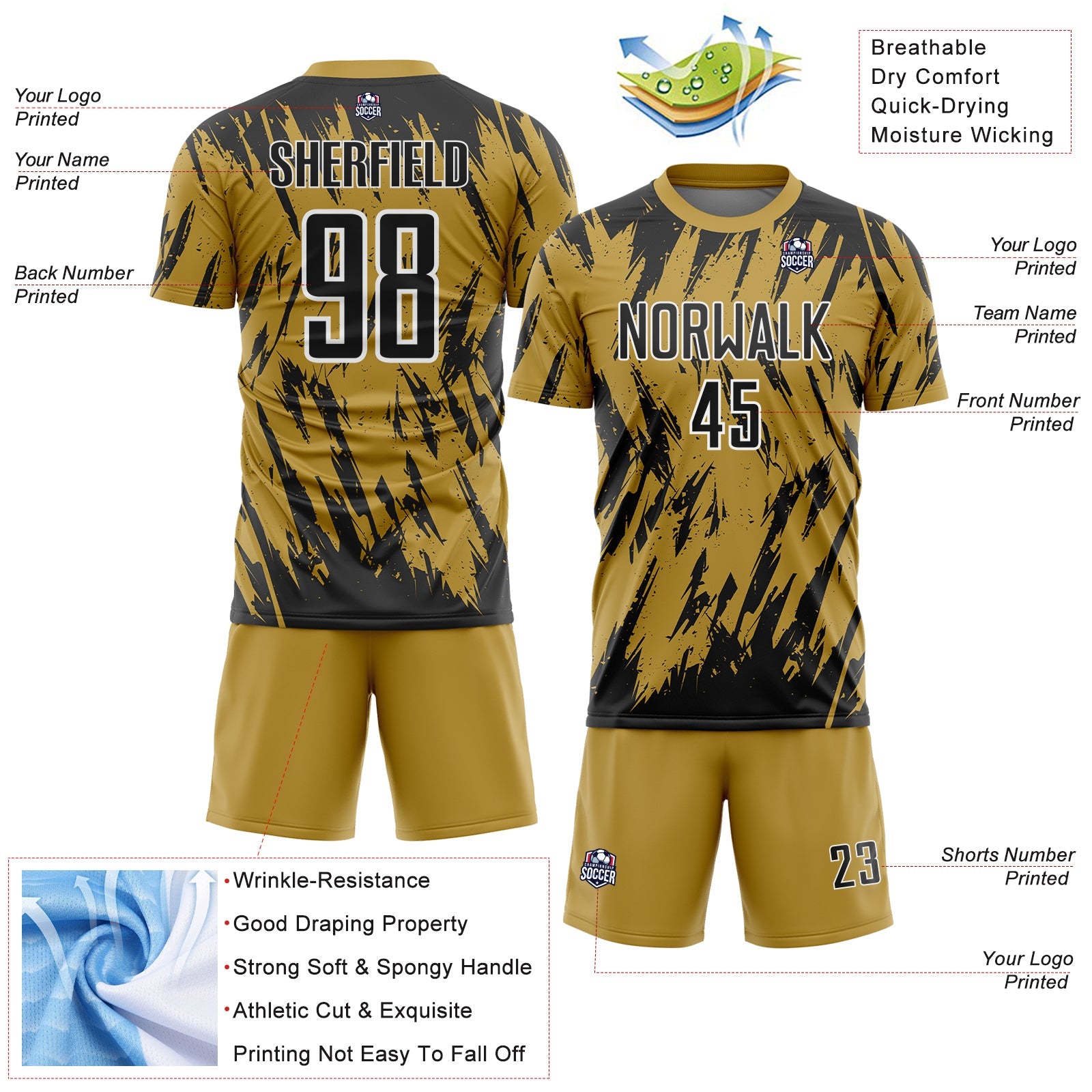 Custom Old Gold Black-White Splatter Torn Sharp Brush Stroke Sublimation Soccer Uniform Jersey view 4