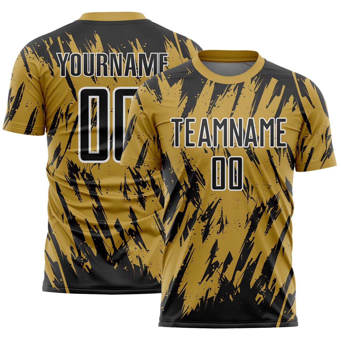 Custom Old Gold Black-White Splatter Torn Sharp Brush Stroke Sublimation Soccer Uniform Jersey - Main View