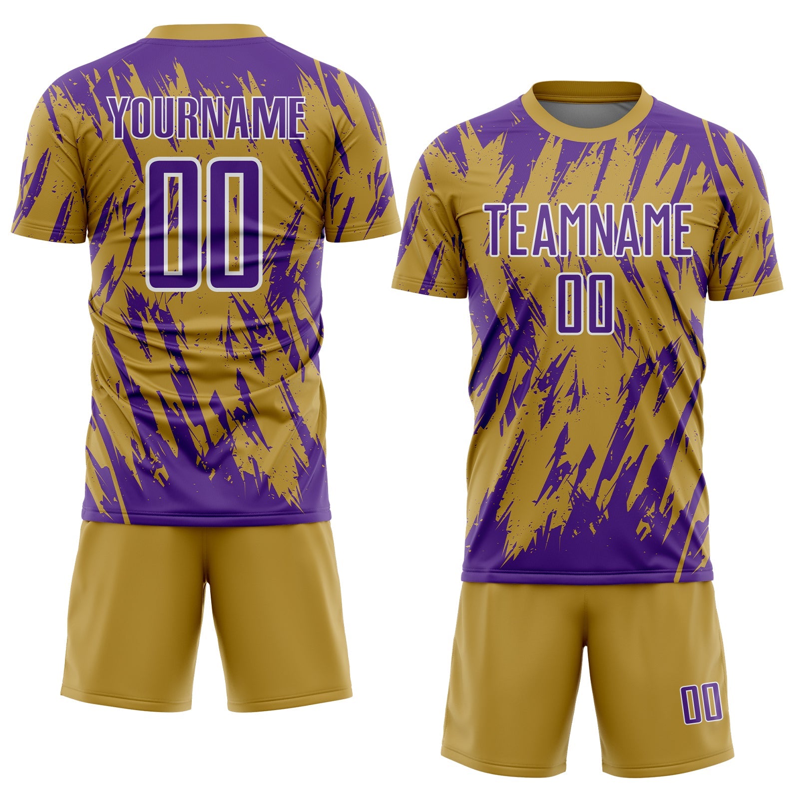 Custom Old Gold Purple-White Splatter Torn Sharp Brush Stroke Sublimation Soccer Uniform Jersey view 2