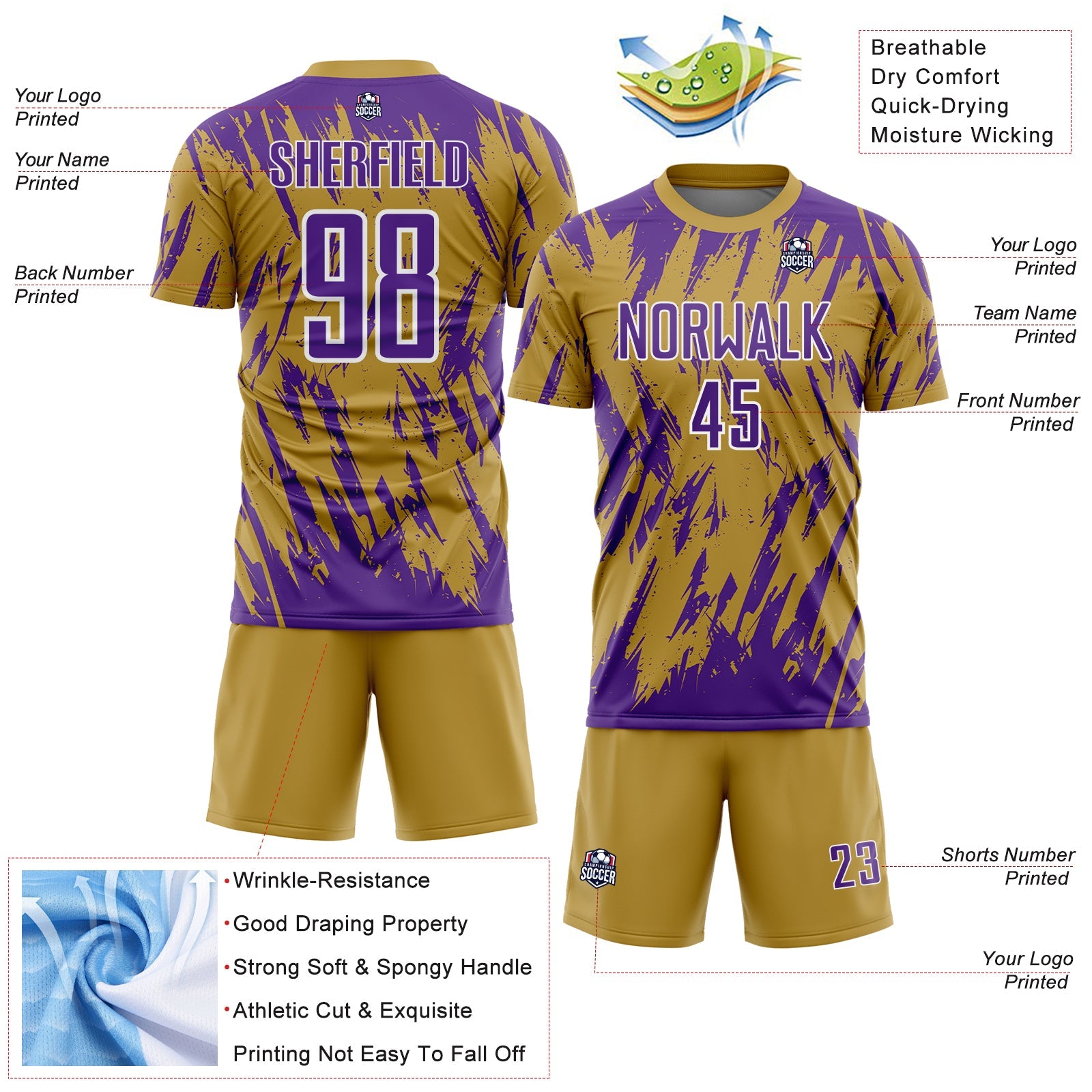 Custom Old Gold Purple-White Splatter Torn Sharp Brush Stroke Sublimation Soccer Uniform Jersey view 4