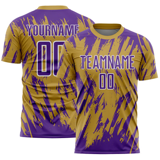 Custom Old Gold Purple-White Splatter Torn Sharp Brush Stroke Sublimation Soccer Uniform Jersey - Main View