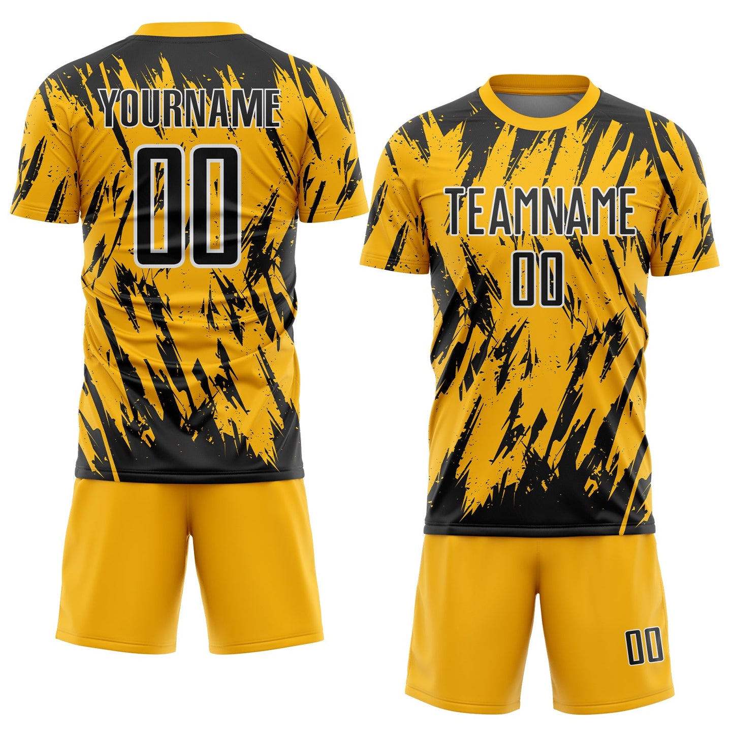 Custom Gold Black-White Splatter Torn Sharp Brush Stroke Sublimation Soccer Uniform Jersey view 2