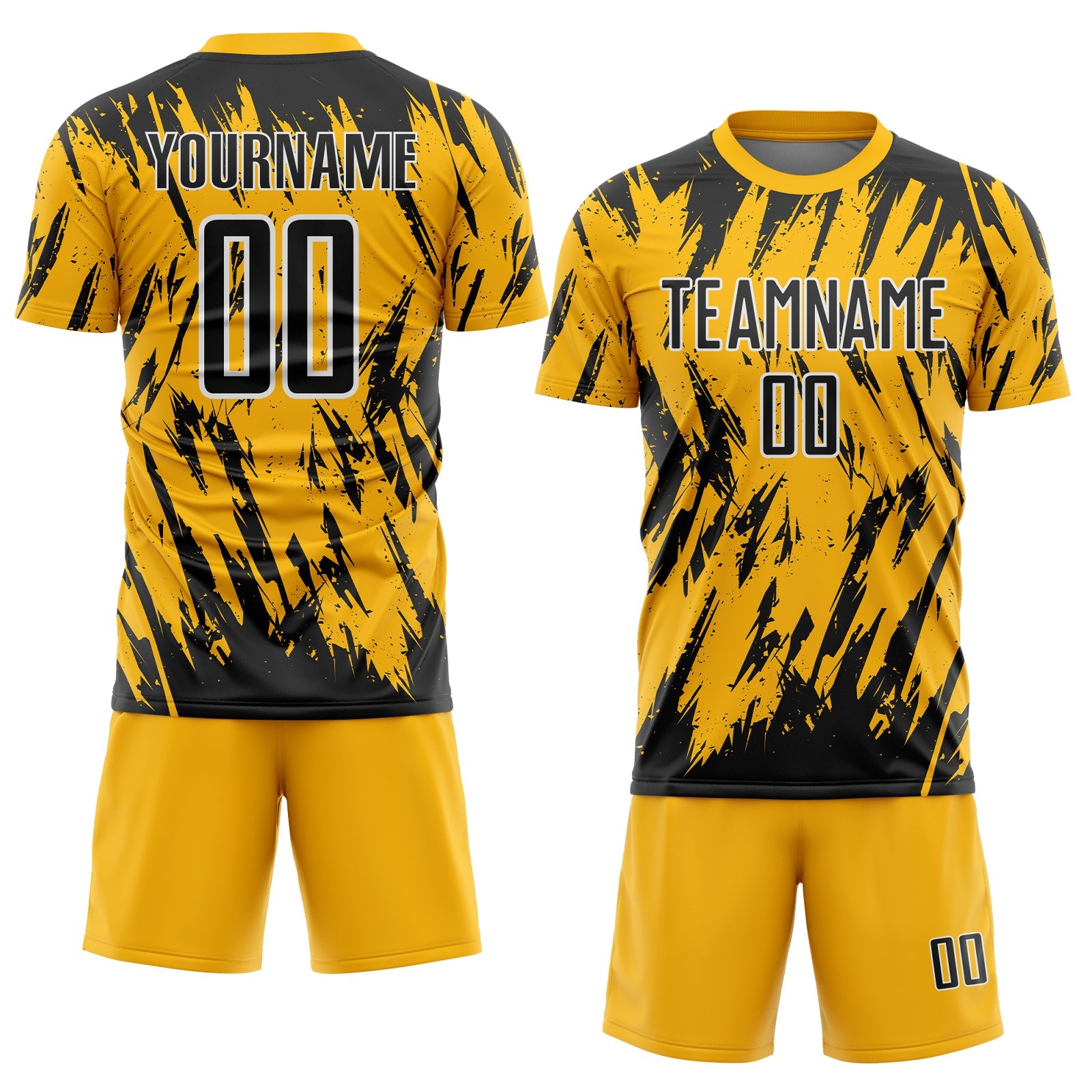 Custom Gold Black-White Splatter Torn Sharp Brush Stroke Sublimation Soccer Uniform Jersey view 2