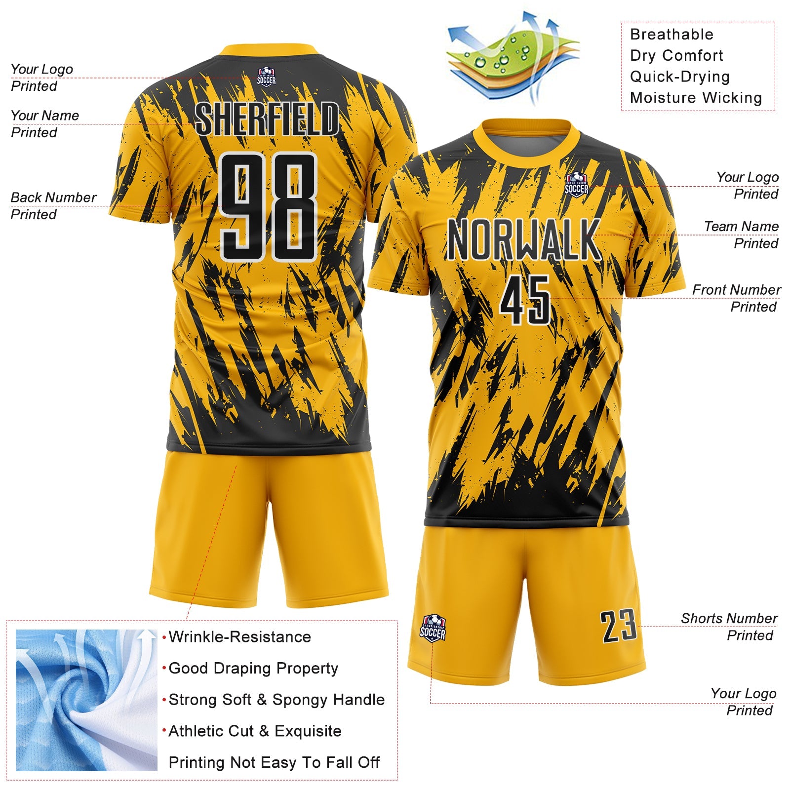 Custom Gold Black-White Splatter Torn Sharp Brush Stroke Sublimation Soccer Uniform Jersey view 4