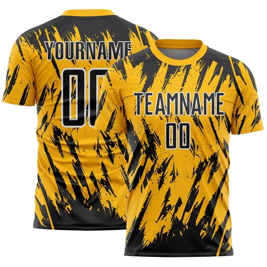 Custom Gold Black-White Splatter Torn Sharp Brush Stroke Sublimation Soccer Uniform Jersey - Main View