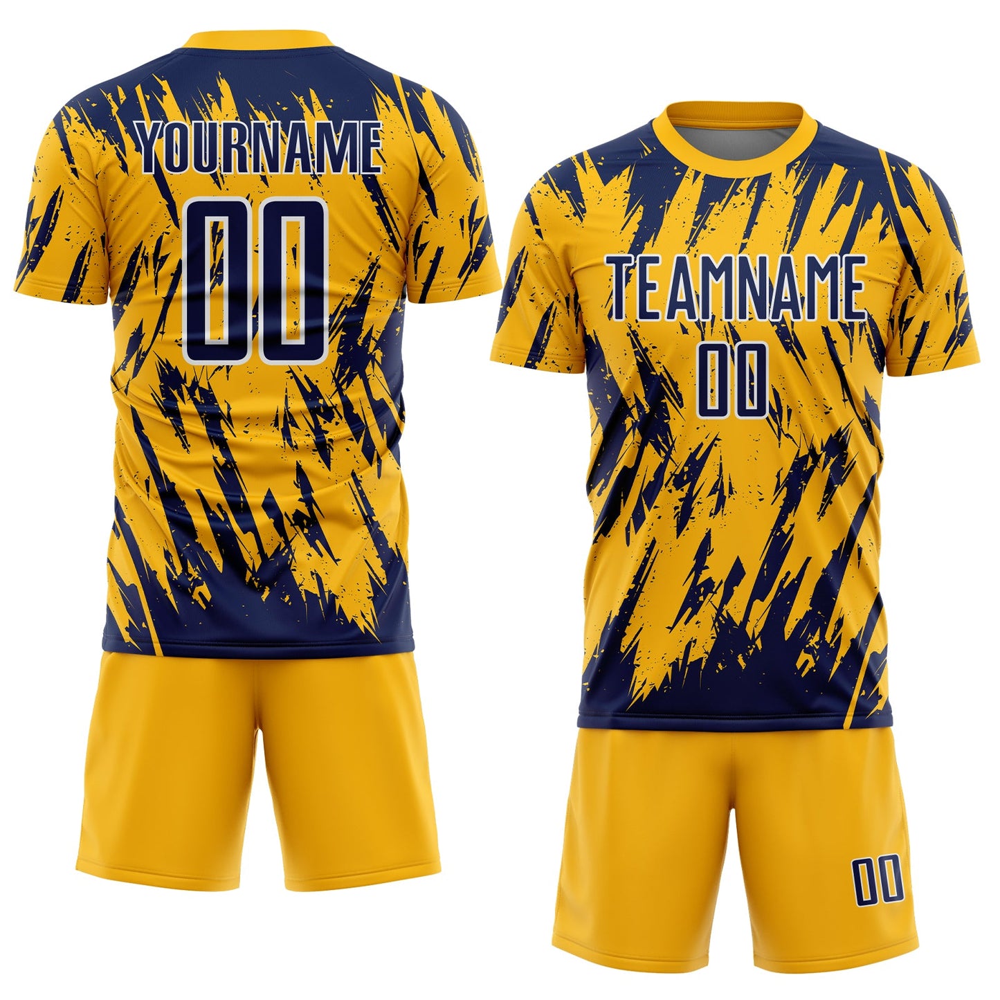 Custom Gold Navy-White Splatter Torn Sharp Brush Stroke Sublimation Soccer Uniform Jersey view 2