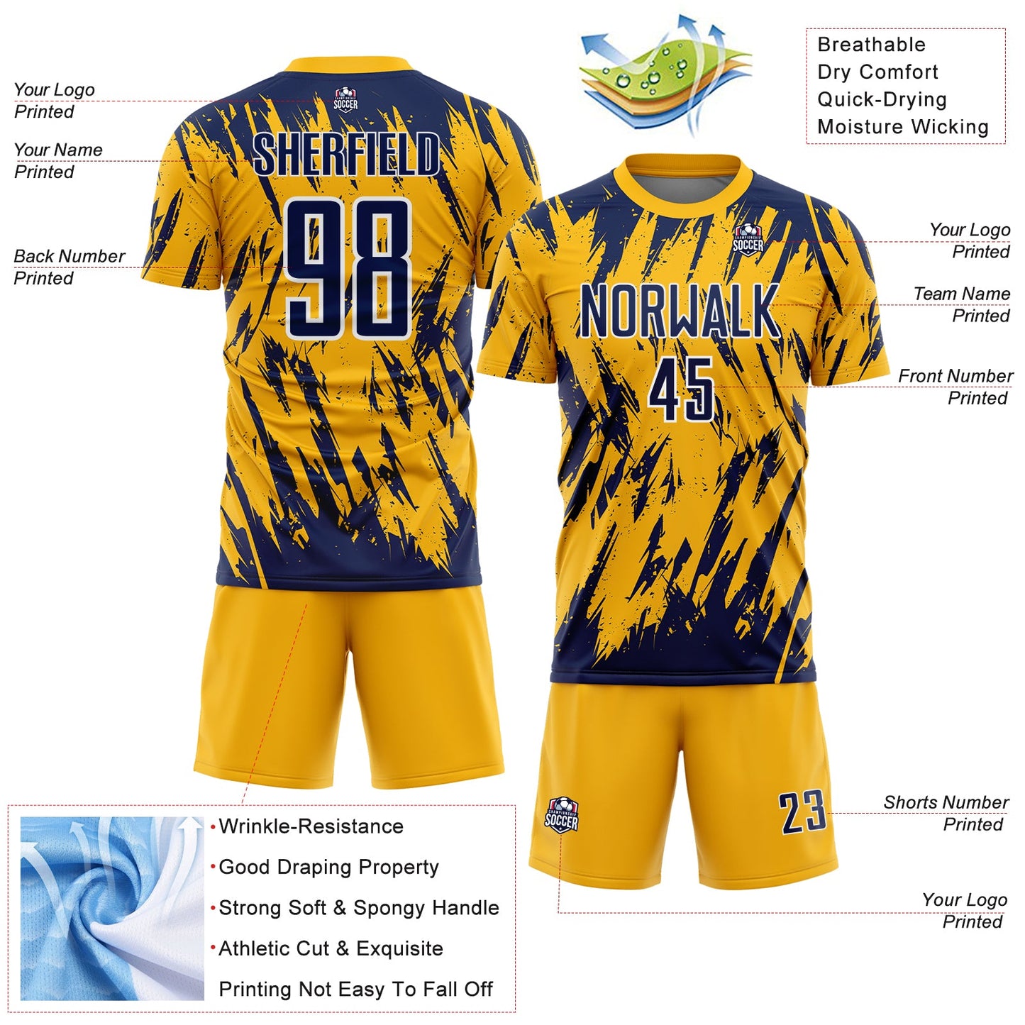 Custom Gold Navy-White Splatter Torn Sharp Brush Stroke Sublimation Soccer Uniform Jersey view 4