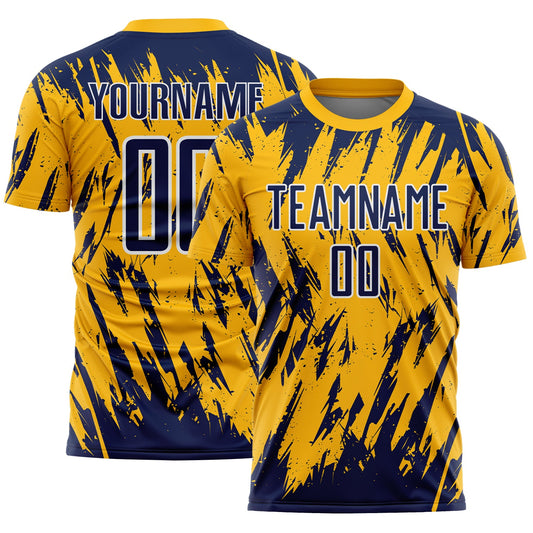 Custom Gold Navy-White Splatter Torn Sharp Brush Stroke Sublimation Soccer Uniform Jersey - Main View