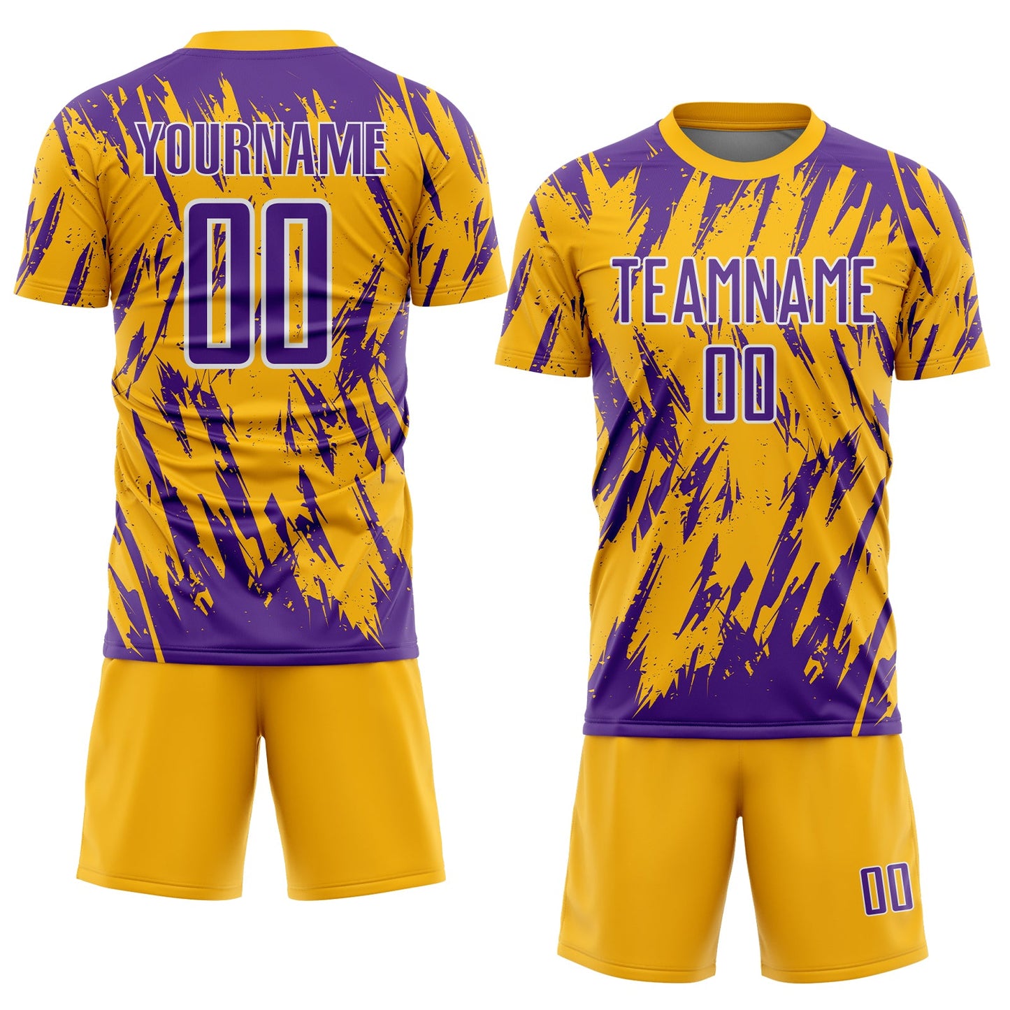Custom Gold Purple-White Splatter Torn Sharp Brush Stroke Sublimation Soccer Uniform Jersey view 2