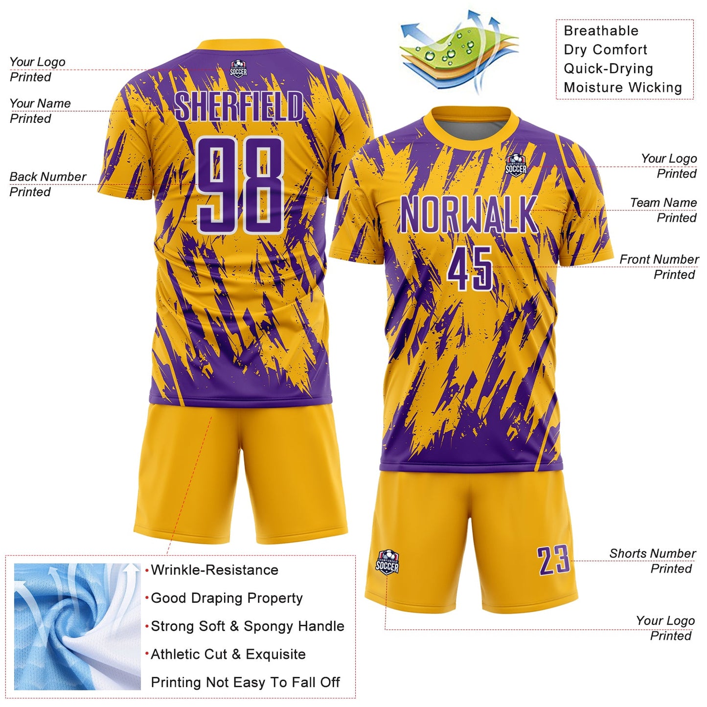 Custom Gold Purple-White Splatter Torn Sharp Brush Stroke Sublimation Soccer Uniform Jersey view 4