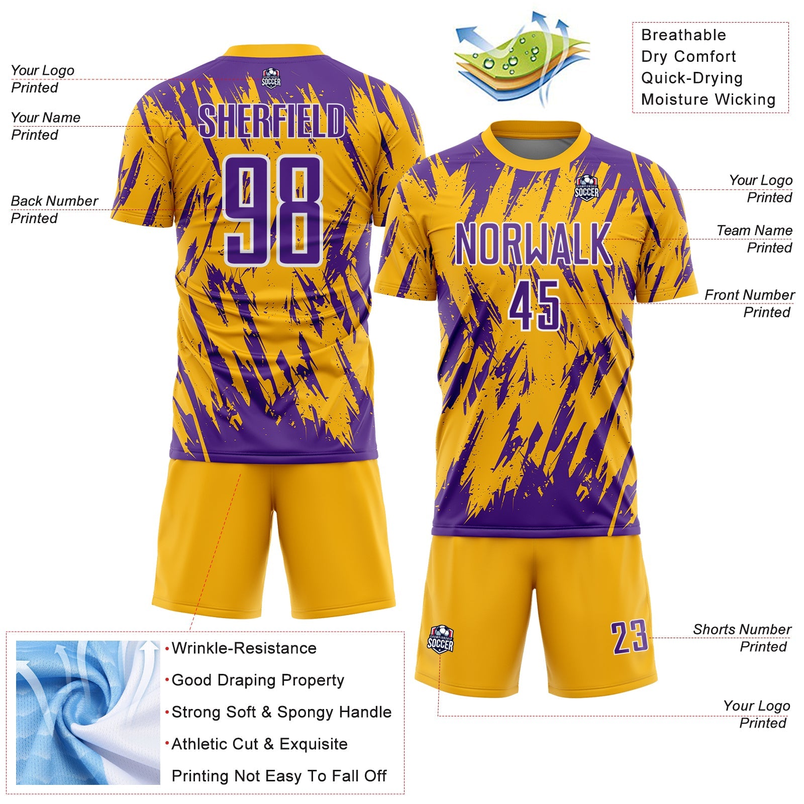 Custom Gold Purple-White Splatter Torn Sharp Brush Stroke Sublimation Soccer Uniform Jersey view 4